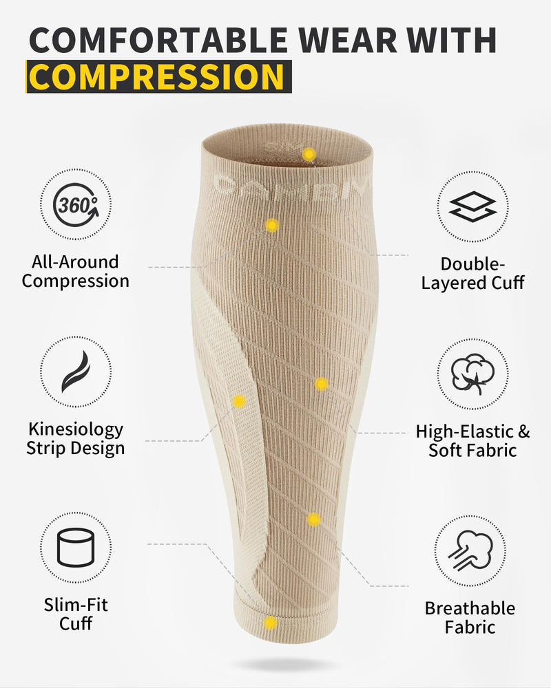 CAMBIVO 3 Pairs Calf Compression Sleeves for Men & Women, Footless Compression Socks for Shin Splints, Pain Relief Small-Medium Beige