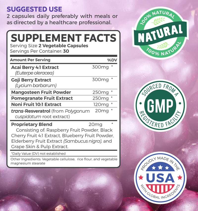 [Australia] - Super Antioxidants Supplement - Powerful Super Food Antioxidant Daily Blend - Acai Berry, Goji, Pomegranate & Trans Resveratrol - Herbal and Fruit Formula For Women and Men - Skin Care - 60 Capsules 60 Count (Pack of 1) 