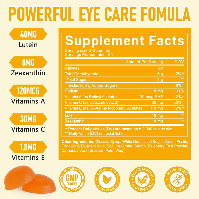 Lutein Eye Gummies for Screen Use – with Zeaxanthin, Vitamin A, C & E – Daily Eye Support Supplement for Digital Lifestyles – Vegan Berry Flavour Gummies – 60 Count (30 Day Supply)