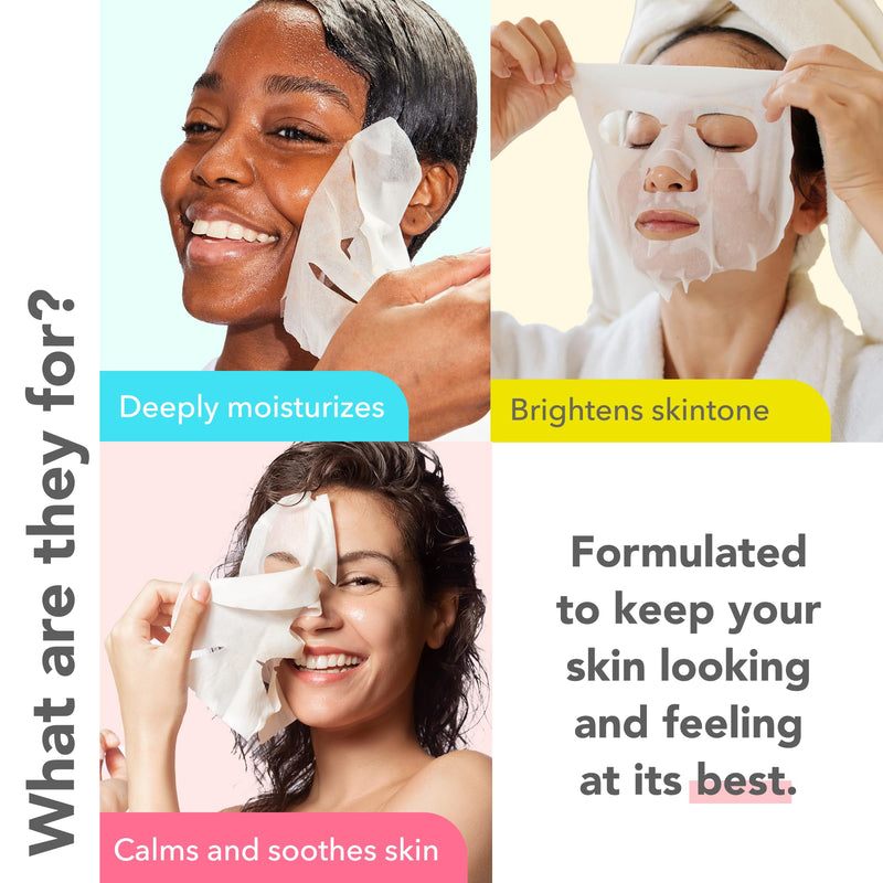 Patchology Face Mask Variety Pack - Illuminating Face Mask with Vitamin C stimulates collagen, Hydrating Face Masks with Hyaluronic Acid soften skin, Renewing Face Masks with Strawberry (6 Masks)