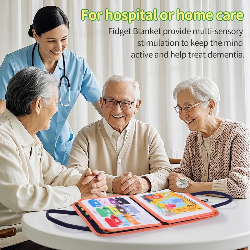 Fidget Blanket for Dementia, Alzheimers Dementia Products for Elderly, Memory Games Busy Boxes for Dementia Patients, Dementia Activities for Seniors, Dementia Aids(Five-Page with Crushed Flower)