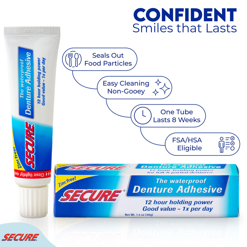[Australia] - Secure Waterproof Denture Adhesive - Zinc Free - Extra Strong Hold For Upper, Lower or Partials - 1.4 oz (Pack of 5) 