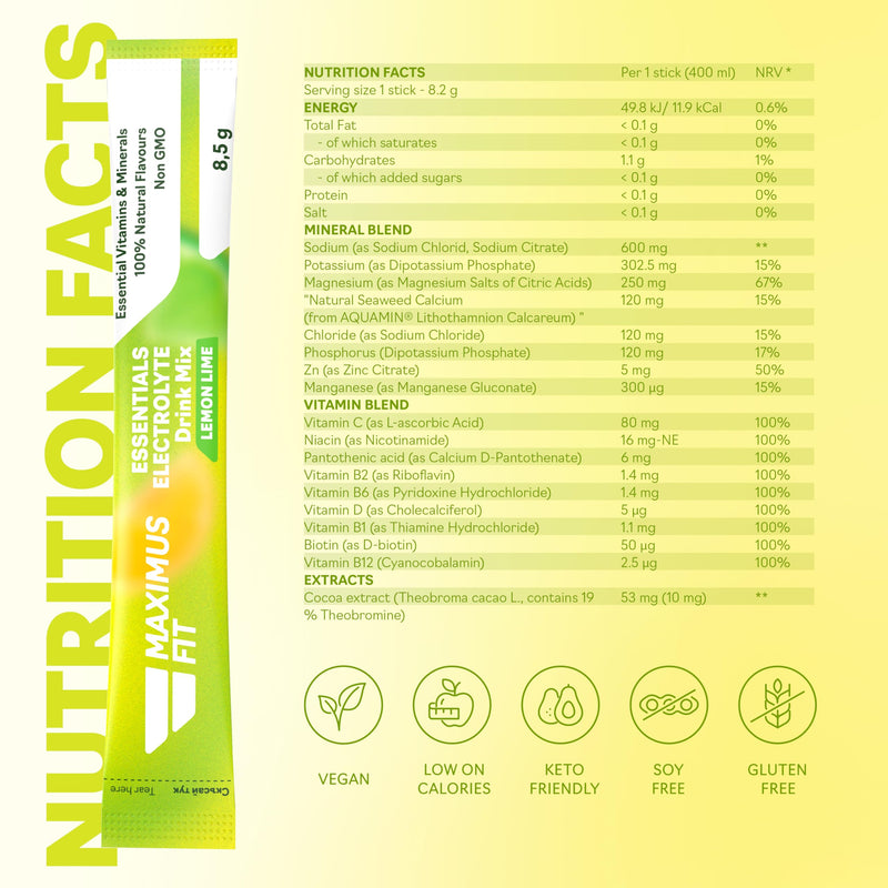 Maximus Fit Electrolytes Powder Sachets, Electrolyte Drink Mix Hydration Pack – Sodium, Magnesium Citrate, Vitamin C, B1, B2,B3,B6,B7,B12 – Natural Marine Plant Calcium & Zinc – 30 Sticks - Lemon/Lime 30 Servings (Pack of 1)