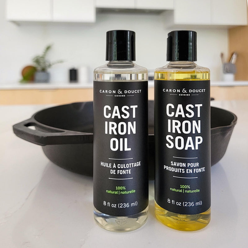 [Australia] - CARON & DOUCET - 100% Plant-Based Cast Iron Cleaning Set: Seasoning Oil & Soap for Washing, Restoring & Seasoning Skillets, Pans & Grills! 8 Fl Oz (Pack of 2) 