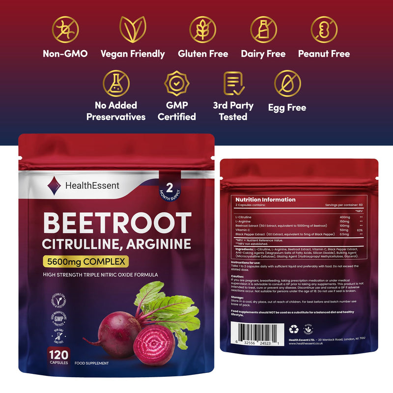 HealthEssent Beetroot Capsules 5600mg High Strength Nitric Oxide Booster | Triple Complex with 5000mg Beetroot, 400mg L-Citrulline, 150mg L-Arginine, Vitamin C & Black Pepper | 120 Vegan Capsules