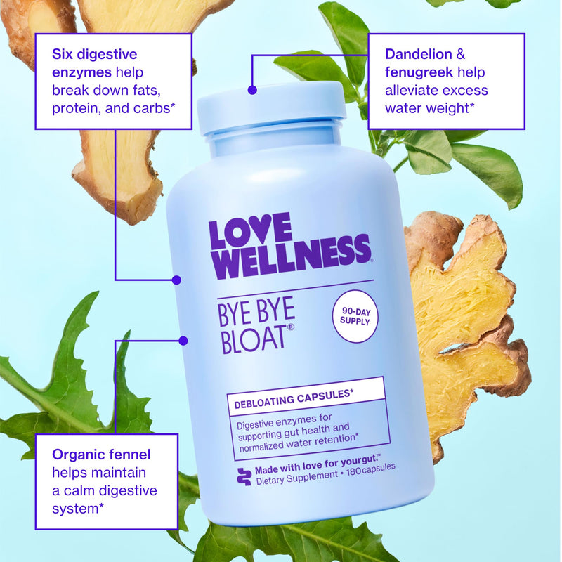 Love Wellness Bye Bye Bloat | Digestive Enzymes | 90-Day Supply | Capsules | Digestive enzyme supplement, Contains fenugreek and dandelion , Dietary supplement, Easy to take, 180 capsules