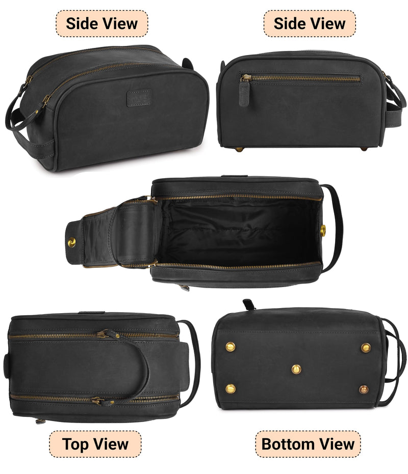 MDS® Genuine Leather Toiletry Bag for Men - Unisex Rustic Classic Vintage Handcrafted Full-Grain Leather Travel Dopp Kit with Waterproof Lining & Handle, Shaving & Grooming Kit Organizer Pouch, Black