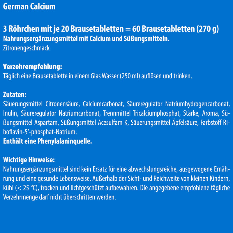[Australia] - German Calcium Effervescent Tablets Pack of 60 - Lemon Flavor - 500 mg Calcium, Sugar-Free, Vegan - T&D Pharma German Calcium - Made in Germany Lemon 60 Pieces (Pack of 1) 