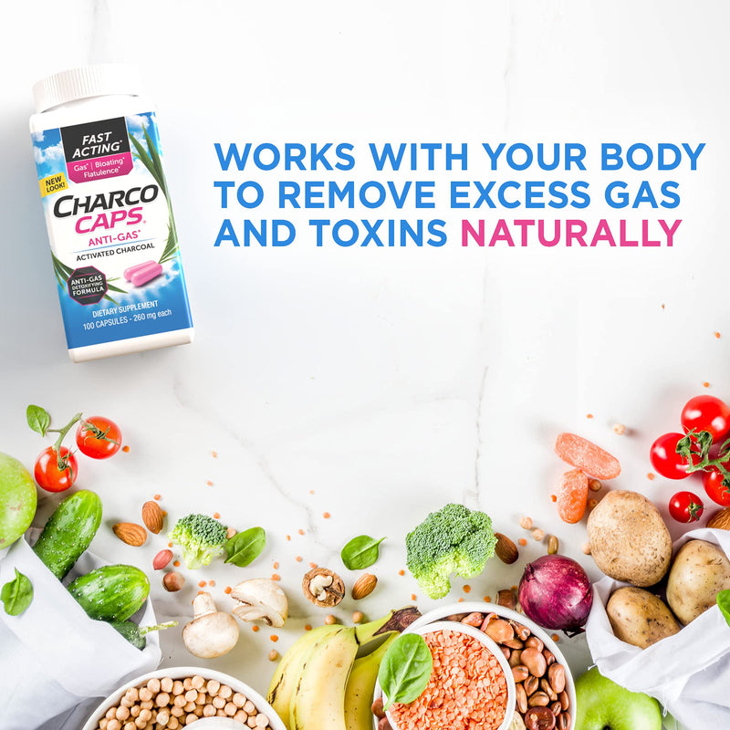 [Australia] - Charcocaps Fast Acting Gas Relief for Bloating & Flatulence, Drug Free Detoxifying Activated Charcoal Formula, 100 Capsules, 30 Day Supply, Pink 100 Count (Pack of 1) 