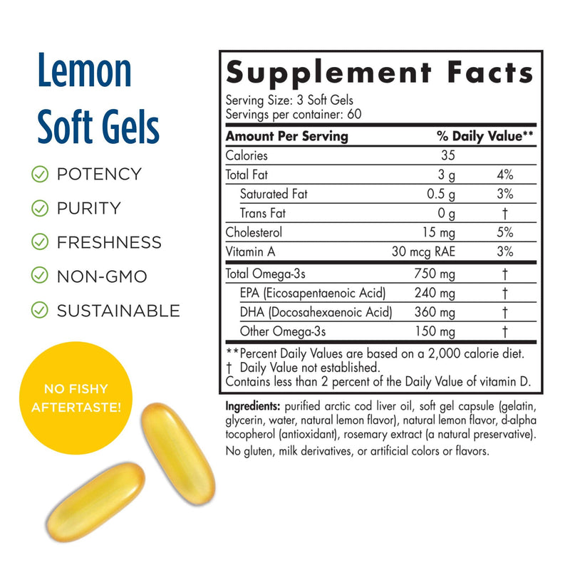 [Australia] - Nordic Naturals Pro Arctic Cod Liver Oil, Lemon - 180 Soft Gels - 750 mg Total Omega-3s with EPA & DHA - Heart & Brain Health, Healthy Immunity, Overall Wellness - Non-GMO - 60 Servings 
