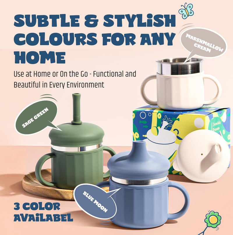 [Australia] - Jumble Dream Baby & Toddler Stainless Steel Sippy Cup Silicon Training Stainless Steel Kids Cups with Straw, Babies Tumbler with Straw No Spill | 6-24 Month Toddler Sippy Cup (Sage Breeze) Sage Breeze 
