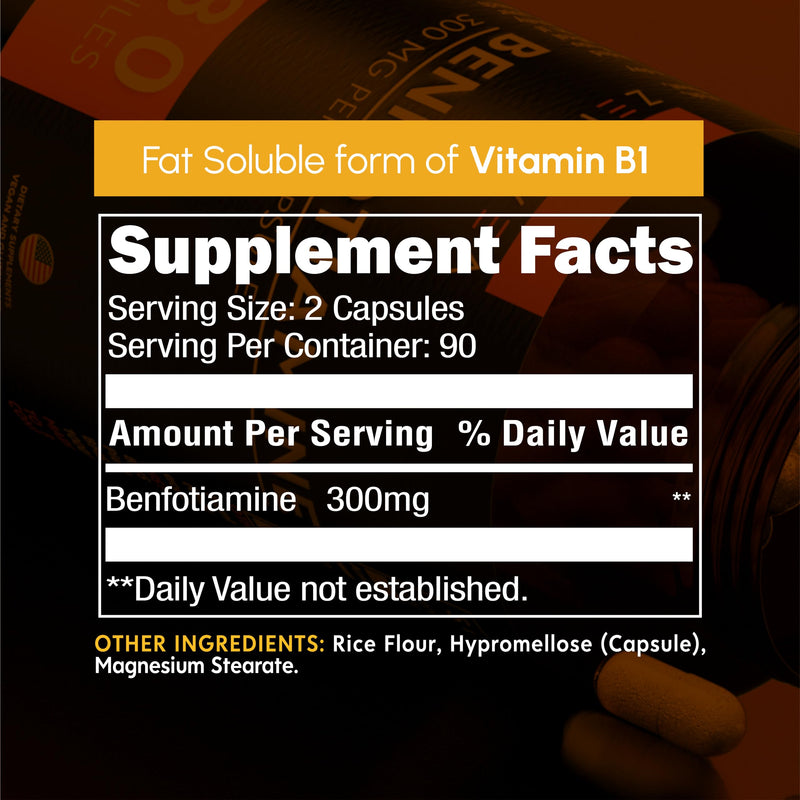 Benfotiamine 300mg - Benfotiamine b1-180 Capsules (3 Months Supply) - Vegan, Non-GMO, Gluten-Free | Vitamin B1 (Thiamine) Derivative · Vegan · Gluten Free · Non-GMO · 3 Month Supply · Independently 3rd Party Tested