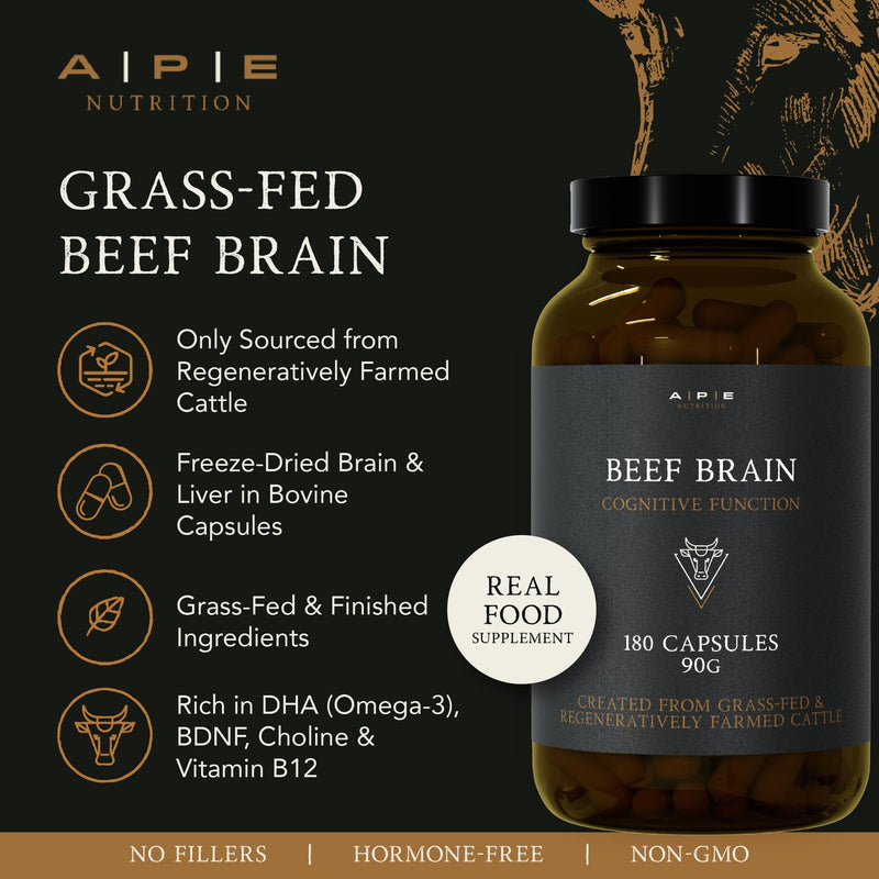 APE Nutrition Beef Brain Grass Fed - Desiccated Bovine Brain Capsules, Ancestral Supplement UK, Nose to Tail, 100% Grass Fed & Finished, No Antibiotics Hormones or GMOs, 180 500mg Capsules