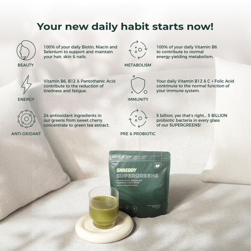 SHREDDY | Probiotic, Beauty, Superfood Greens Blend | 5 Billion Probiotics, 100% NRV Vitamins | 62 Nutrient-Rich Ingredients | Vegan-Friendly | Mango & Pineapple Flavour