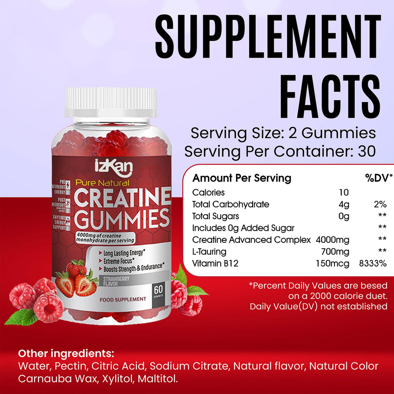 Creatine Monohydrate Gummies 4000mg for Men & Women - 60 Chewable Creatine Gummies Strawberry Flavoured Creatine | Pre Workout Gym Supplement| Vegan | (1 Months Supply) (1) 1