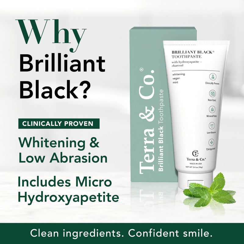 Terra & Co. Brilliant Black Hydroxyapatite Toothpaste for Whitening Teeth – USA-Made - Natural Remineralizing Toothpaste, Fluoride-Free, Vegan, SLS-Free, Low Abrasion – Mint, 3.4 oz Whitening - Mint 3.4 Ounce (Pack of 1)