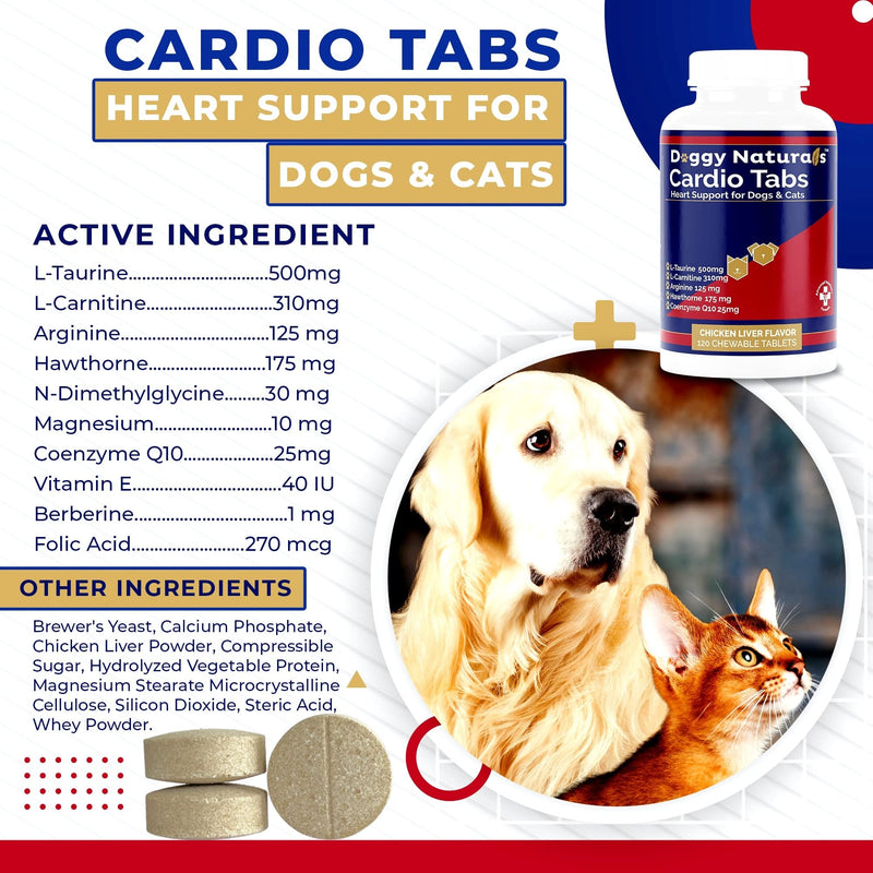 Cardio Tabs Heart Support Supplement for Dogs - Aids Cardio Support and Cardio Strength Supplement for Dog, L-Taurine, L-Carnitine, Hawthorn, L Arginine, Coenzyme Q10 - Made in USA - 120 Tablet - PawsPlanet Australia