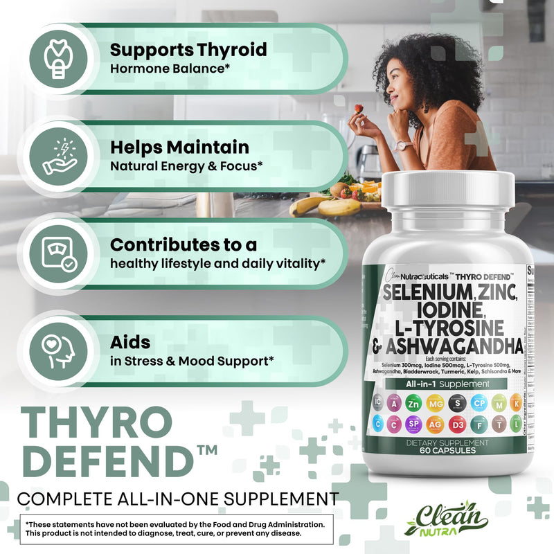 [Australia] - Clean Nutra Selenium 300mcg Iodine 500mcg Thyroid Support for Women & Men | L Tyrosine 500mg Ashwagandha Supplement Bladderwrack, Turmeric, Kelp, Schisandra Zinc Pills Capsule Supplements 