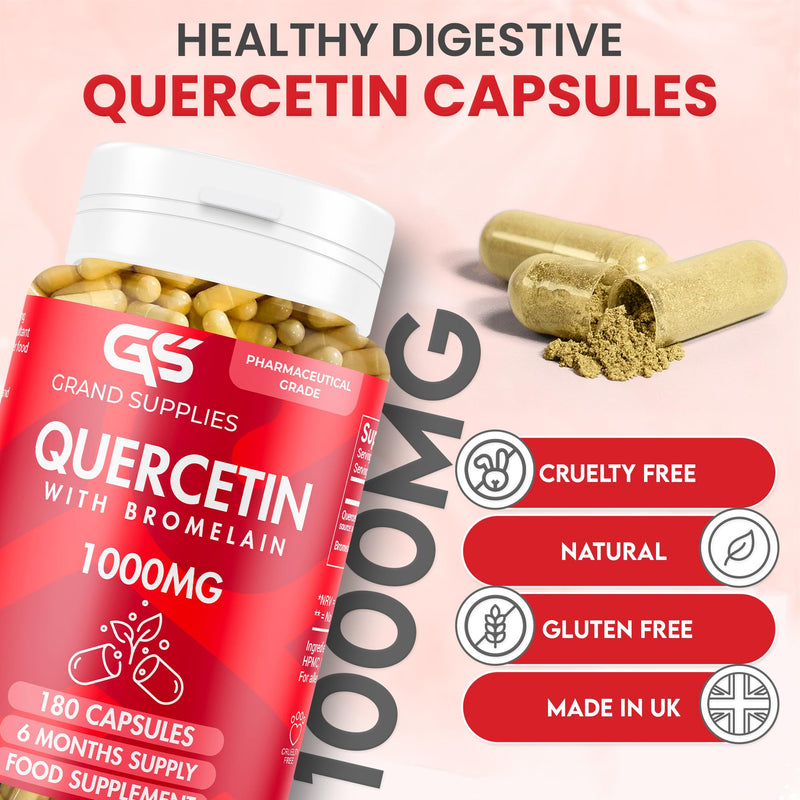 Pure Quercetin Supplement 1000mg- Organic Quercetin Bromelain Capsules for Immune Health, Respiratory Support, & Overall Wellness- Non GMO Antioxidant Supplement- 6 Month Supply