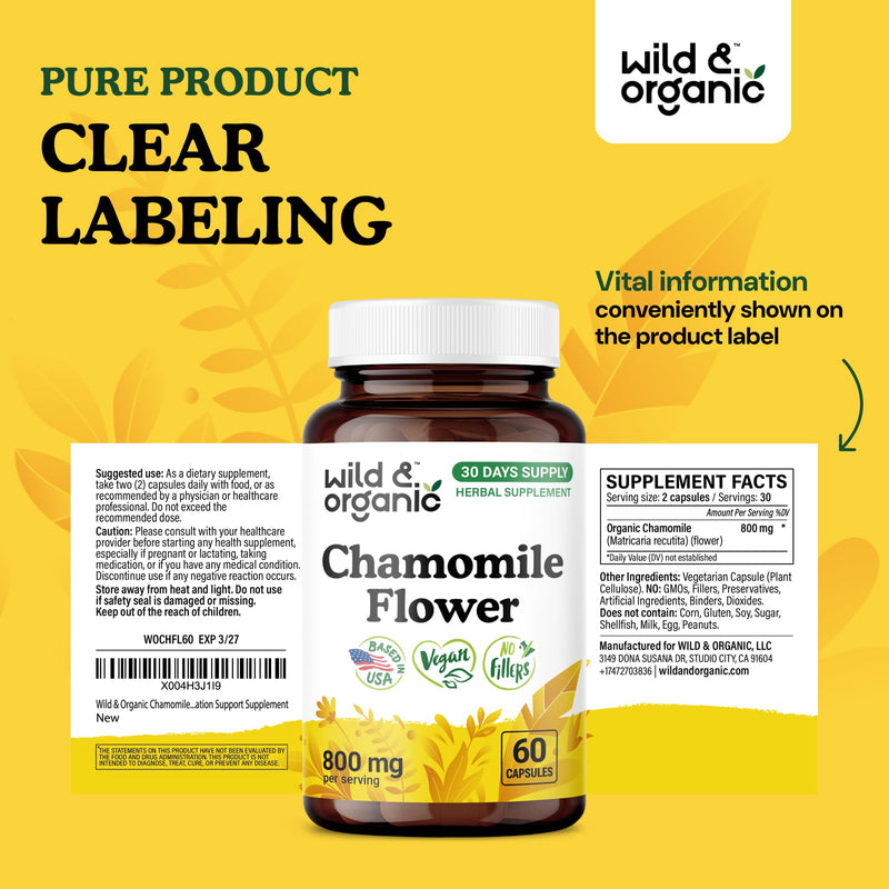 [Australia] - Wild & Organic Chamomile Capsules 800 mg - Relaxation & Digestive Support - Herb Chamomile Extract Supplement - Matricaria Recutita Flower - Vegan, No Fillers, Non-GMO - 60 Count 