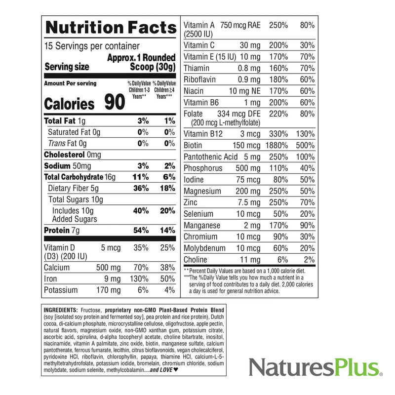 NaturesPlus SPIRU-TEIN Junior, Chocolate - 1 lb - Plant-Based Protein Powder Shake for Kids - Gluten Free & Vegetarian - 15 Servings