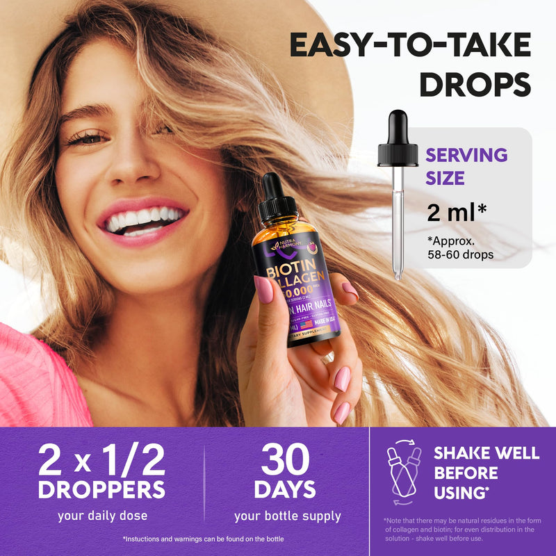 [Australia] - Liquid Biotin & Collagen - Vitamins for Hair Growth Support for Women & Men - Extra Strength 60000 mcg Drops - B7 Supplement - Strong Nails & Healthy Skin - 98% Faster Absorption Than Pills 2 Fl Oz (Pack of 1) 