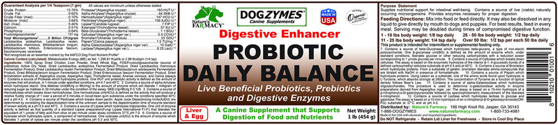Dogzymes Probiotic Daily Balance - Supplies Nutritional Support and Live microorganisms for intestinal Well-Being as Well as enzymes for Proper Digestion. Liver and Egg Base. (1 Pound) 1 pound - PawsPlanet Australia
