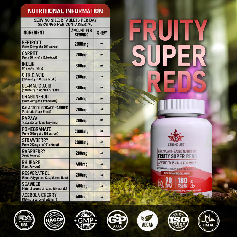 Super Reds Supplement Tablets – 9300mg per Serving – 180 Vegan Tablets – Red Superfood Blend with Beetroot, Acai, Blueberry & Pomegranate – Antioxidant Fruit Complex – 90 Day Supply