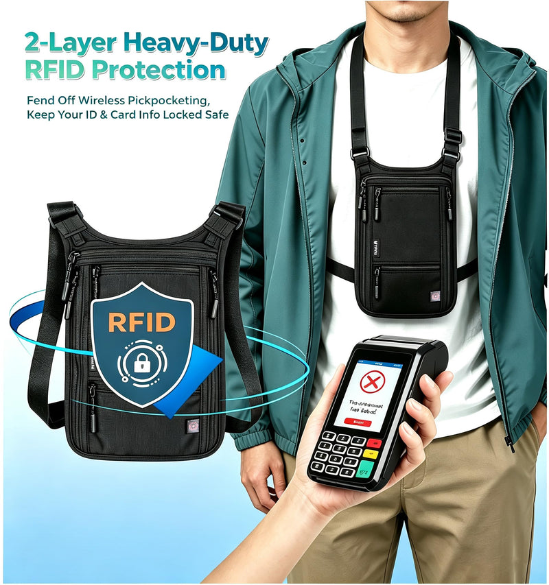 Travel Neck Wallet, RFID Blocking Passport Holder, Secure Dual Strap | Easy to Conceal Travel Pouch, Concealed Travel Wallet for Men, Women & Family, Water Resistant Black