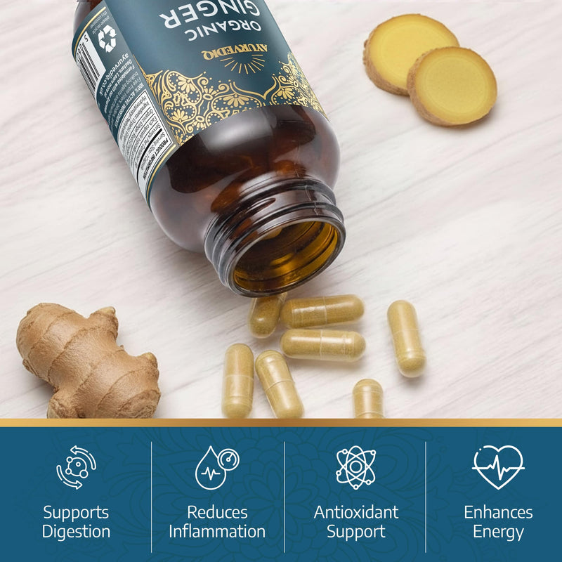 Ayurvediq Organic Ginger Root Capsules 600mg 100% Soil Association Organic Ginger Supplements High Strength Formula - Health and Wellbeing Supplements for Digestive Relief, Anti Inflammatory, 60 caps 60 count (Pack of 1)