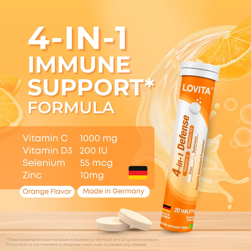 LOVITA 4-in-1 Vitamin C Effervescent Tablets, 20 Count, Pack of 6 | Six-Tube Value Pack, With D3, Zinc, Selenium, & Antioxidants; Orange Flavor, Vegan, Sugar-Free, Gluten-Free, & Lactose-Free 20 Count (Pack of 6)