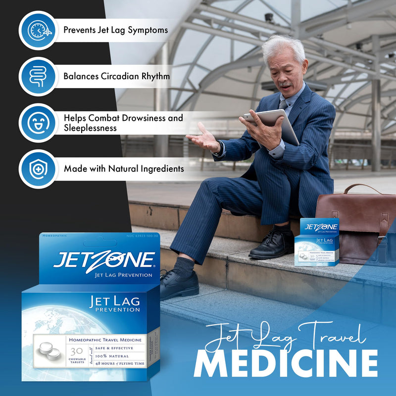 Jet Lag Remedy - Business & Vacation Homeopathic Travel Aid – Trusted for Over 18 Years - Immune – Circadian Rhythm - Fatigue – Exhaustion – Tired - Insomnia – Covers 48hrs Flying Time - 30 Chewables 30 Count (Pack of 1)