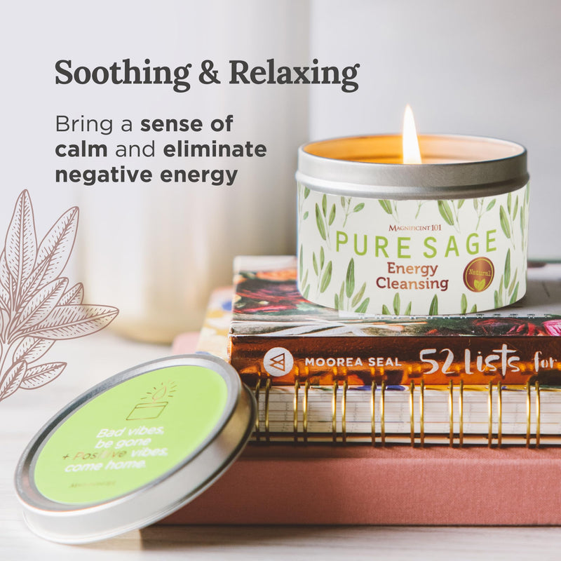 [Australia] - Magnificent 101 Long Lasting Pure White Sage Candle - 6 Oz - 35 Hour Burn Time - Organic, All Natural, Soy Candle to Cleanse Your Home & Calm, Soothe, Use with Sage Smudge Kit - Spiritual Pure Sage 