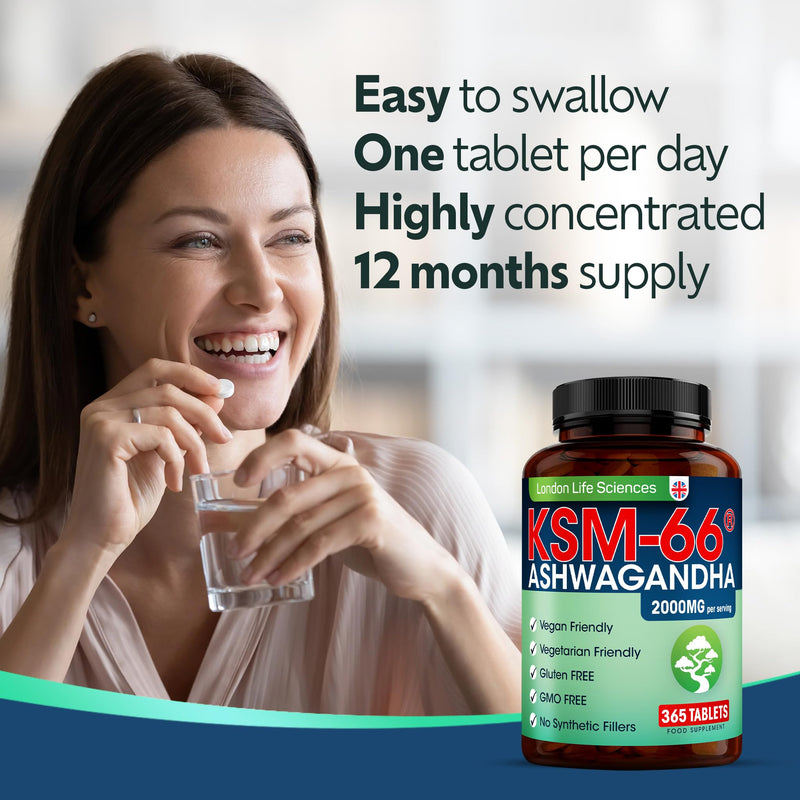 365 Tablets KSM-66 Ashwagandha 2000mg +5 Percent Withanolides Highest Concentration Vegan Organic Root Extract UK Supplier London 365 count (Pack of 1)