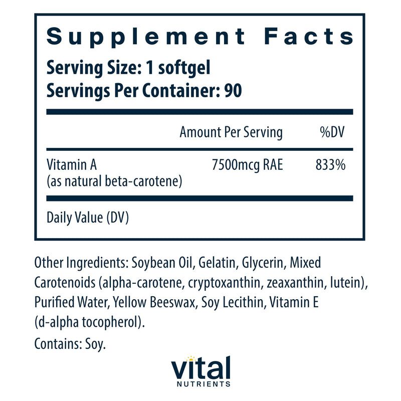 [Australia] - Vital Nutrients - Natural Beta Carotene - Precursor to Vitamin A - Antioxidant - Vision, Skin, and Reproductive Health Support - 90 Softgels per Bottle - 25,000 IU 