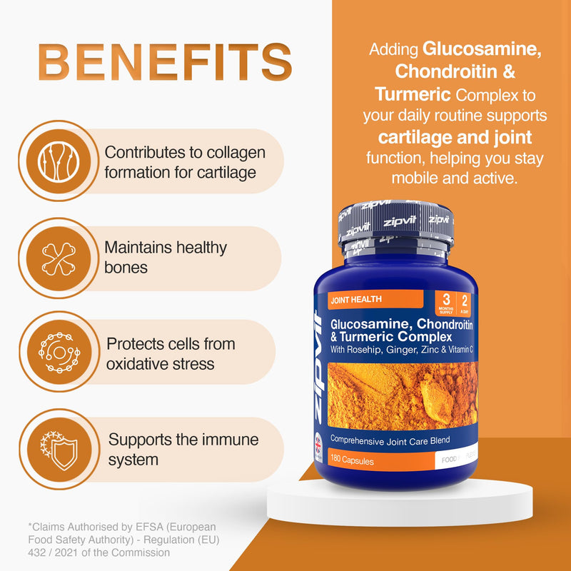 Zipvit Glucosamine and Chondroitin High Strength Turmeric Supplement with Vitamin C, Rosehip, Ginger & Zinc, 180 Capsules