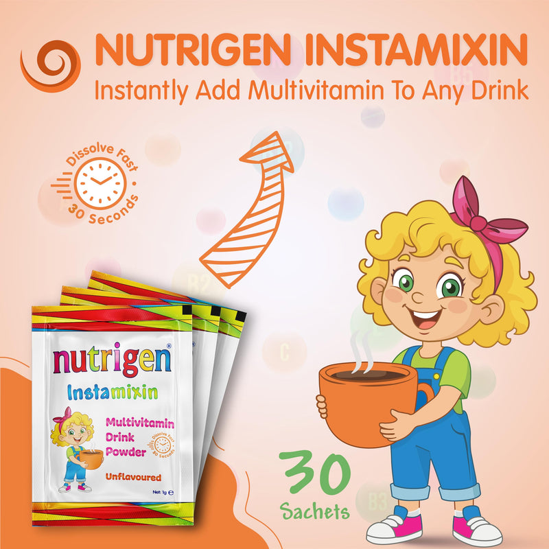 Nutrigen Instamixin unflavoured multivitamin Drink Powder for Children to add Vitamins Instantly to Any Drink. 12 Vitamins + 6 Minerals in a Sachet Making Daily Vitamin Intake Easy, 30 sachets