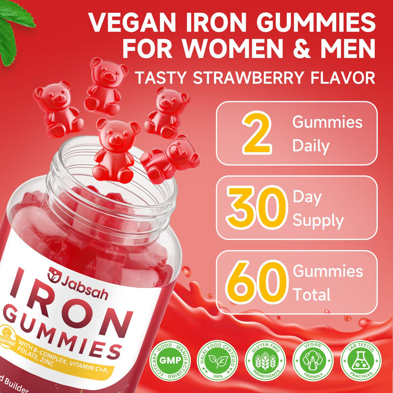 Vegan Iron Gummies for Women & Men, Iron Supplement with B-Complex, Vitamin C, A, Folate for Adults & Kids - Blood Builder & Energy Support & Immune Health - Strawberry Flavor, 120 Gummies 60 Count (Pack of 2)