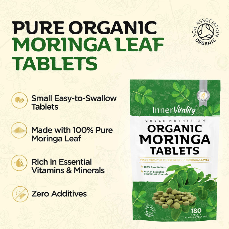 Pure Organic Moringa Tablets 180, Award Winning Natural Moringa 2-Month Supply, Easier to Swallow Than Moringa Capsules & Powder, Rich in Essential Vitamins & Minerals by Inner Vitality