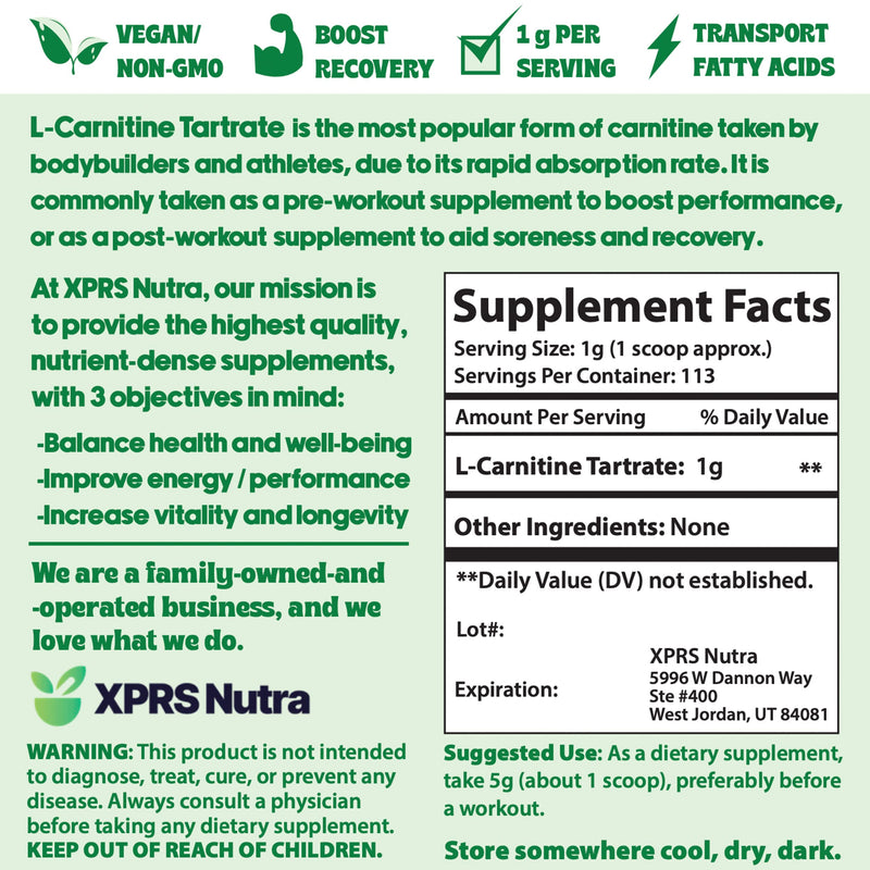 [Australia] - XPRS Nutra L Carnitine L Tartrate Powder - Premium Pure L Carnitine Tartrate - L-Carnitine Powder - Vegan Friendly Bulk L Carnitine Powder - Amino Acid L Carnitine Supplement (4 Ounce) 4 Ounce 