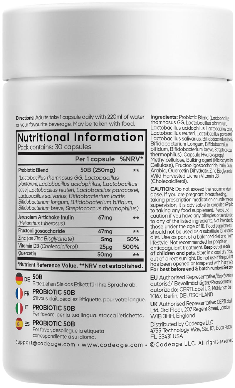Codeage Probiotic+ 50 Billion CFU Supplement - 12-Strain Probiotic Blend, Prebiotic Fiber, Vitamin D3, Zinc Bisglycinate, Quercetin - for Men & Women - Non-GMO- 30 Capsules