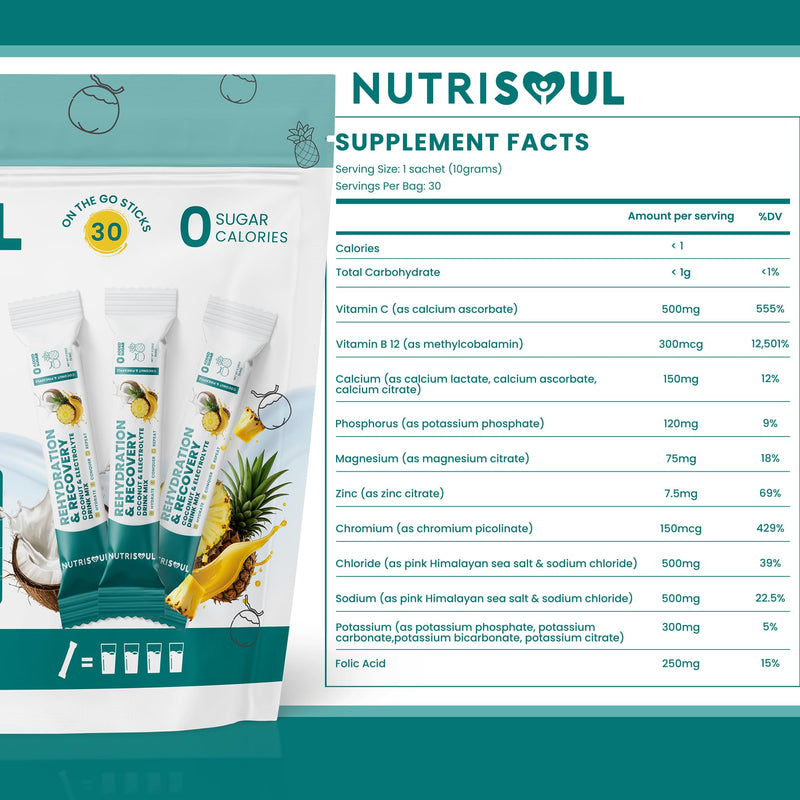 Rapid Rehydration Electrolyte Powder | Pineapple & Coconut Flavour | 30 Sachets | Vitamins C, B1, B3, B5, B9, B12, Magnesium & Himalayn Salt | Zero Sugar | Electrolytes Hydration Drink Mix