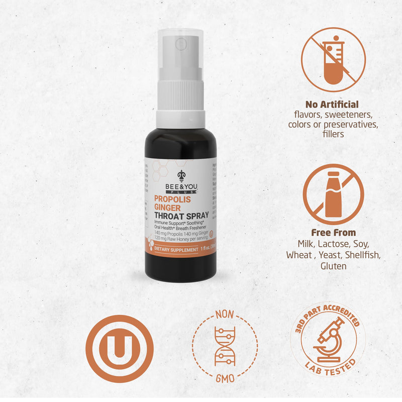 [Australia] - Bee and You Propolis Ginger Raw Honey Soothing Throat Spray, Ultra Pure, Immune Support Supplement, Oral Health, Antioxidants, Keto, Paleo, Gluten-Free, 1 Fl Oz 1 Fl Oz (Pack of 1) Ginger & Raw Honey 