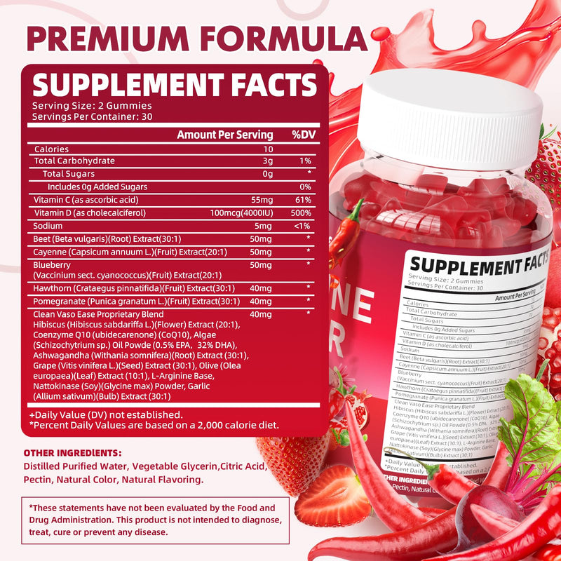 2 Pack Cayenne Pepper Beet Root Gummies, with Beetroot Garlic CoQ10 Hawthorn Berry Grape Seed Extract Olive Leaf Nattokinase Hibiscus Vitamin D Nitric Oxide, Support Overall Wellness, 120 Count 120 Count (Pack of 1)