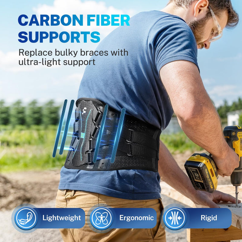 [Australia] - Back Brace for Lower Back Pain Relief, Extra Lumbar Support Pillow, Lightweight Carbon Fiber Splints, Ultra-thin Mesh, Adjustable Fit, for Under Clothes, Sciatica, Posture, Lifting, Size M Black 