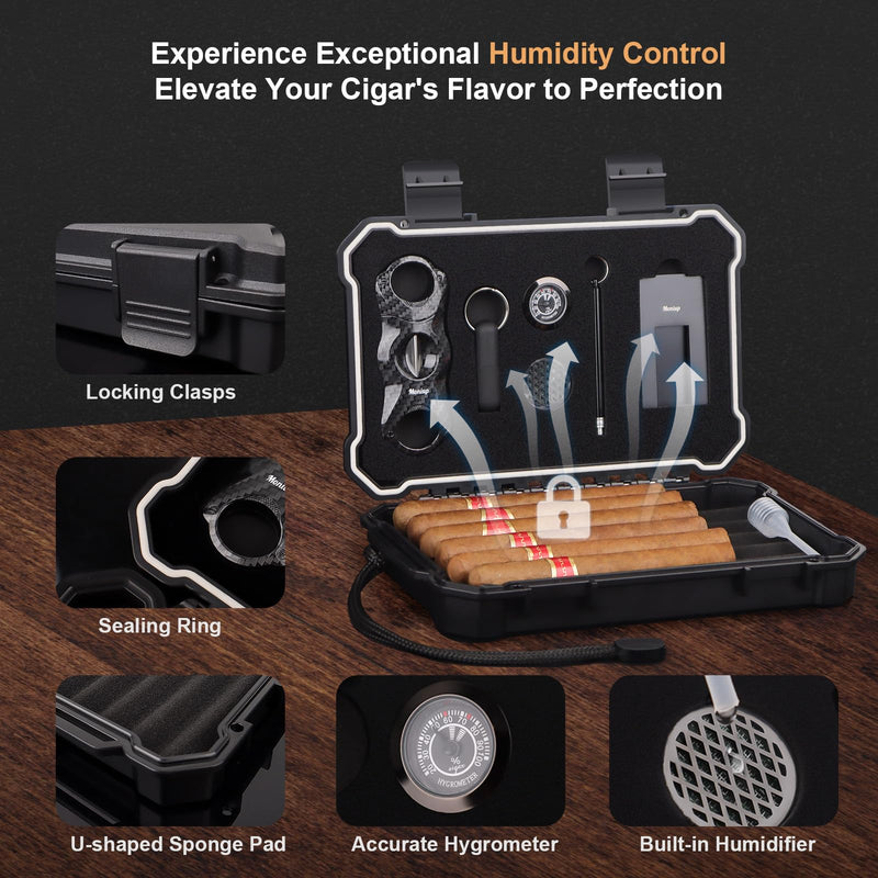 [Australia] - Travel Cigar Humidor Box Set with Cigar V Cutter, Cigar Punch, Cigar Holder, Cigar Drawer Enhancer, Humidifier & Hygrometer, Portable Outdoor Cigar Case with Cigar Accessories Kit, Cigar Gifts for Men Large Black 