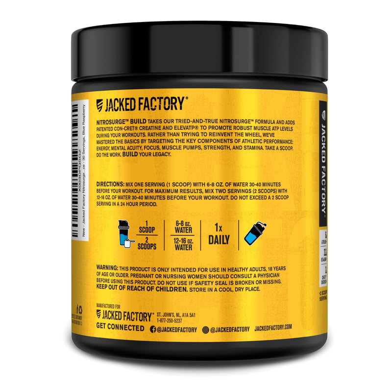 [Australia] - Jacked Factory Nitrosurge Build Pre Workout with Creatine for Muscle Building - Con Cret Creatine Powder & elevATP for Intense Energy, Powerful Pump, & Endless Endurance - 30 Servings, Blue Raspberry 30 Servings (Pack of 1) 