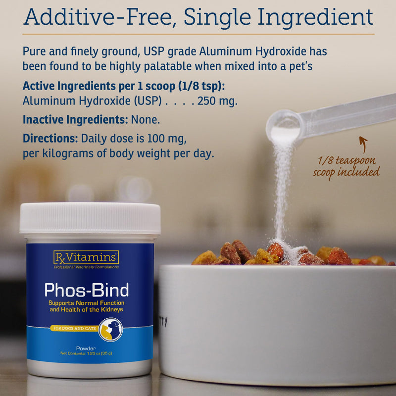Rx Vitamins Phos-Bind Phosphate Binder for Cats and Dogs - 35g | Kidney Support to Help Reduce Phosphorous Absorption & Lower Serum Levels - 100% Aluminum Hydroxide for Dogs & Cats New Label