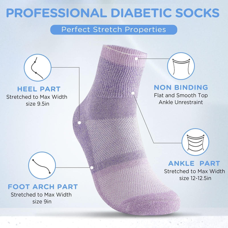 [Australia] - Bulinlulu Diabetic Socks for Women&Men,6 Pairs Non Binding Diabetic Ankle Socks,Wide Socks with Seamless Toe Size 6-9 9-11 Medium Pale Purple/Purple/Green/Orange Red/Black/White 