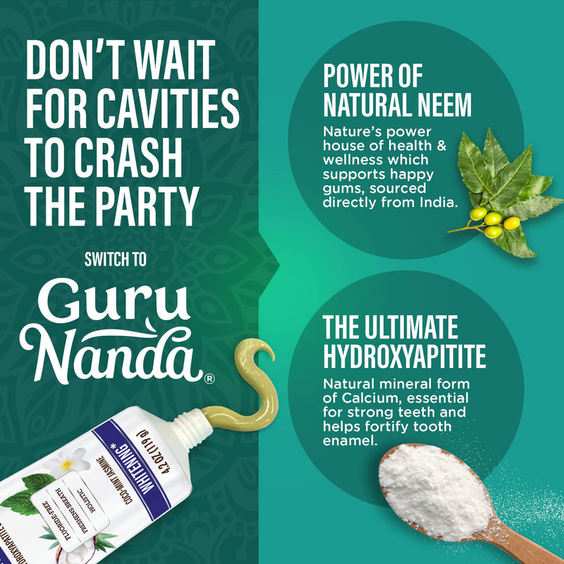 [Australia] - GuruNanda Hydroxyapatite Toothpaste, SLS & Fluoride Free (4 Pack), Whitening Toothpaste - Freshens Breath, Fights Plaque - with 2 Toothbrushes, 2 Tongue Scrapers & 2 Tube Squeezers 4.2 Ounce (Pack of 4) 